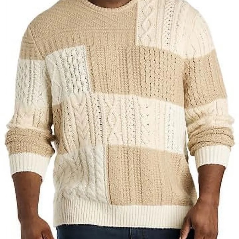 Men's Cable Knit Patchwork Crewneck Sweater - Neutral Cream & Tan